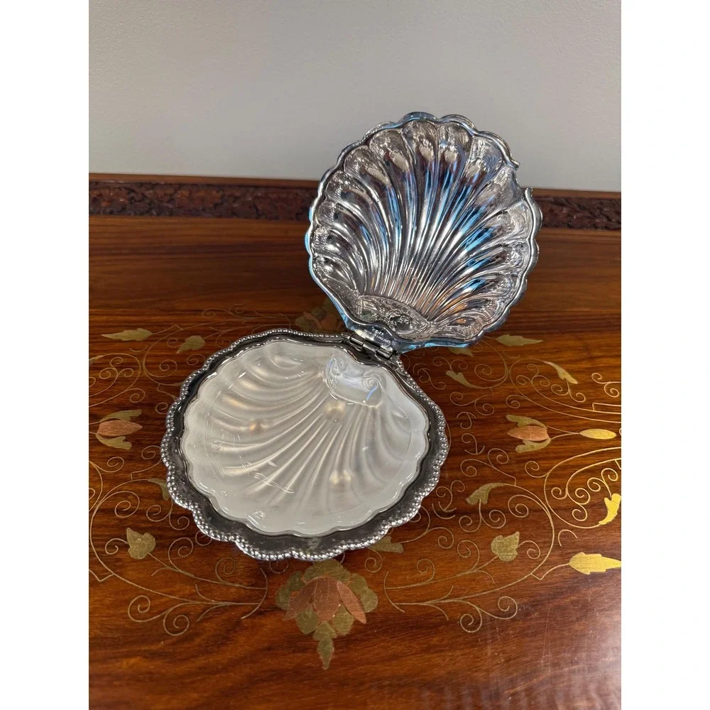 Vintage Clamshell Butter Dish • E&JL Silver Plate Server w/ Frosted Glass Insert